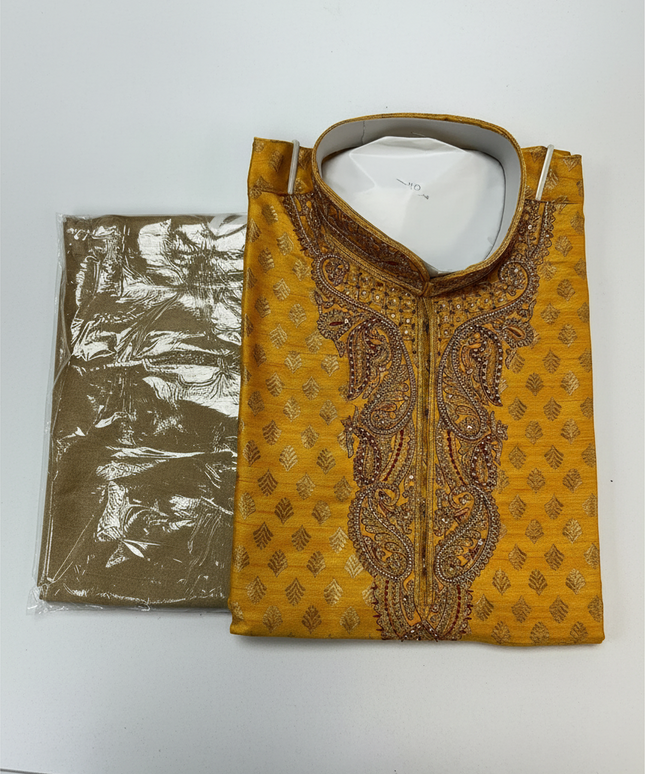 Kurti Connection USA gold silk kurta pajama set with intricate embroidery and traditional pattern