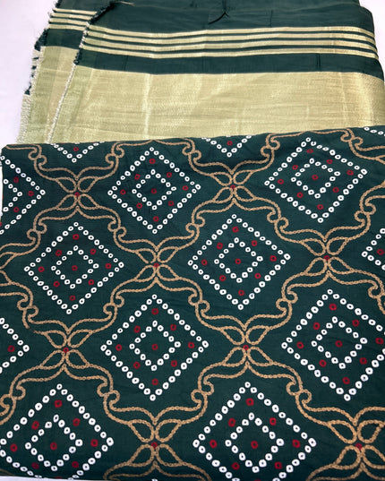 Kurti Connection USA dark green dupatta featuring traditional bandhani dot patterns and a wide gold zari border.