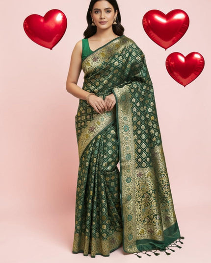 Kurti Connection USA dark green Bandhani saree with intricate gold zari work and a matching green blouse