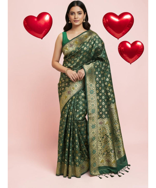 Kurti Connection USA dark green Bandhani saree with intricate gold zari work and a matching green blouse