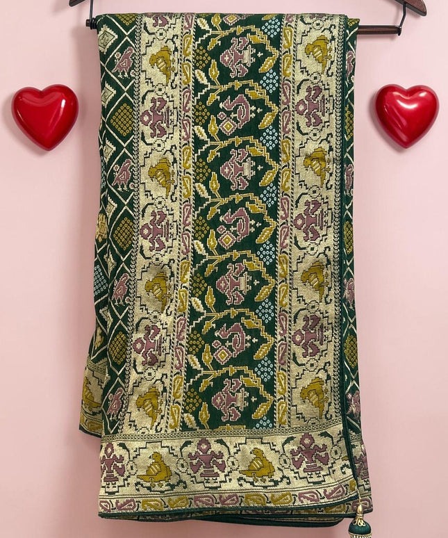 Kurti Connection USA green Bandhani saree with intricate gold and pink woven patterns, fall pico ready on a hanger