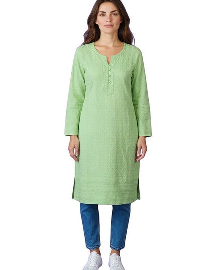 Kurti Connection USA light green cotton Chikankari kurti with embroidered details and button placket.