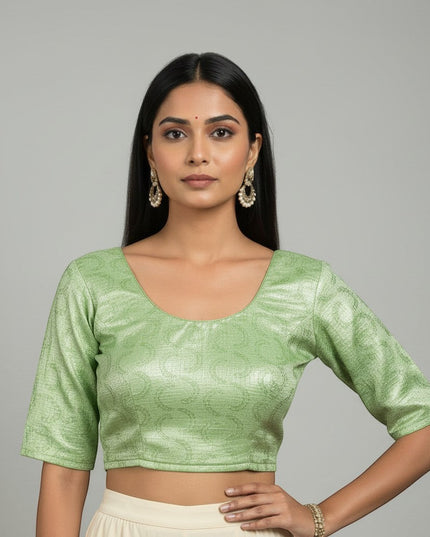 Kurti Connection USA light green embroidered crop top blouse with scoop neck and three-quarter sleeves.