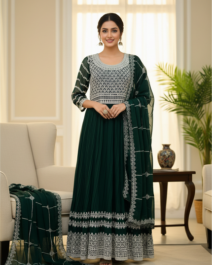 Kurti Connection USA dark green georgette long kurti with intricate silver embroidery and matching dupatta