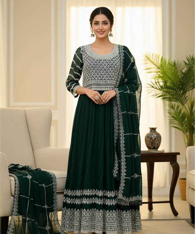 Kurti Connection USA dark green georgette long kurti with intricate silver embroidery and matching dupatta