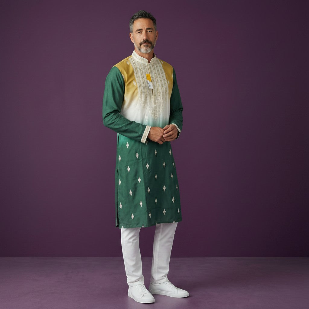 Kurti Connection USA men's mehandi green kurta set with white pants, featuring an ombre effect and white embroidery.