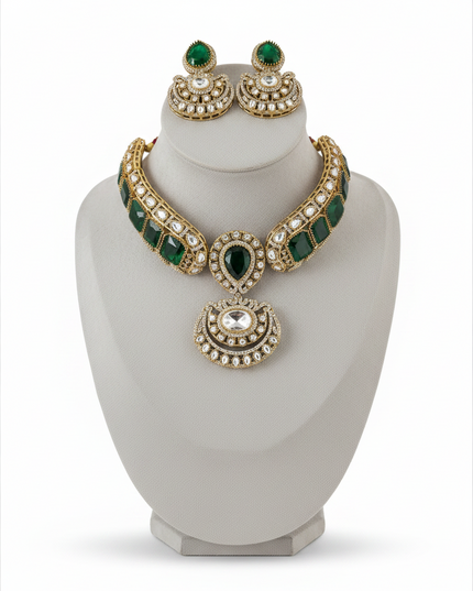 Kurti Connection USA moissanite necklace and earring set with green stones and intricate gold-tone detailing.