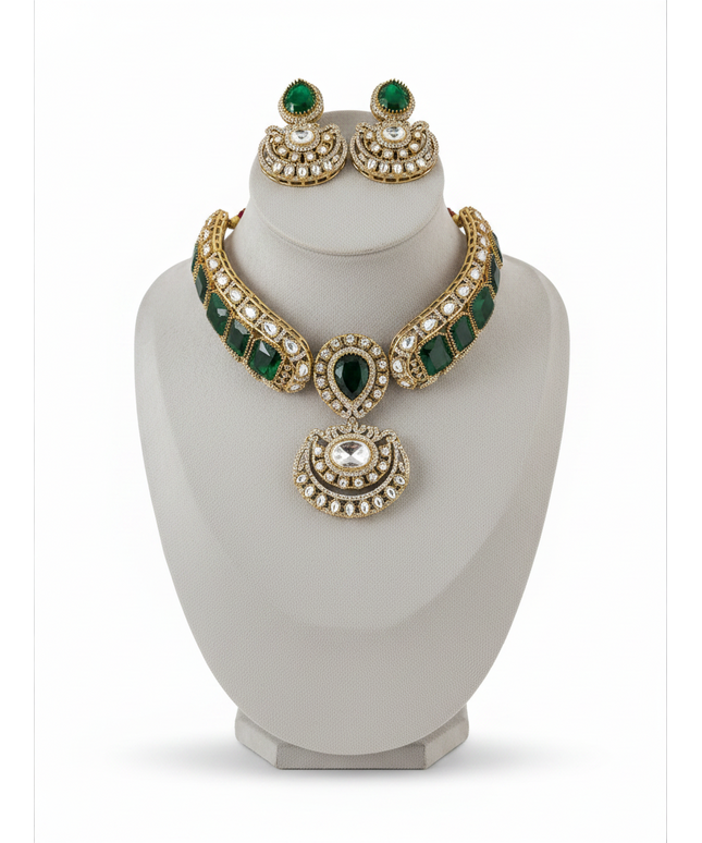 Kurti Connection USA moissanite necklace and earring set with green stones and intricate gold-tone detailing.