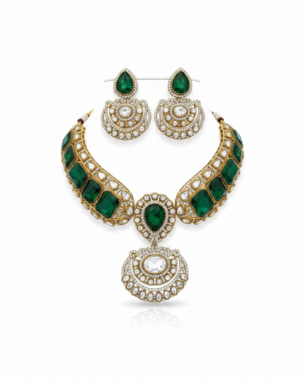 Kurti Connection USA moissanite necklace and earring set with emerald green stones and intricate gold detailing.