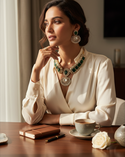 Kurti Connection USA moissanite necklace and earring set with green stones worn by a woman in a white silk blouse.