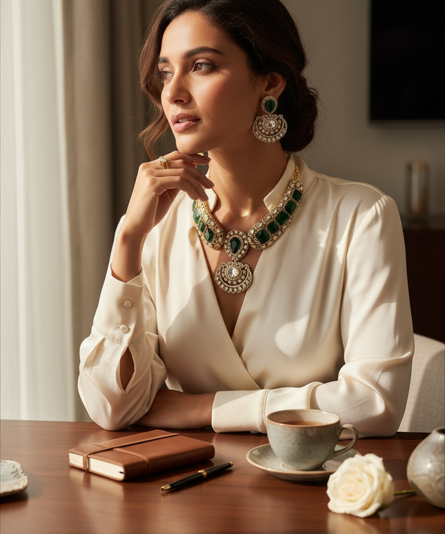 Kurti Connection USA moissanite necklace and earring set with green stones worn by a woman in a white silk blouse.