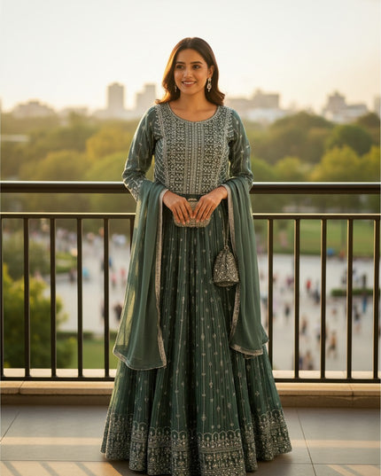 Kurti Connection USA long chiffon silk gown in deep green with intricate silver embroidery and matching dupatta
