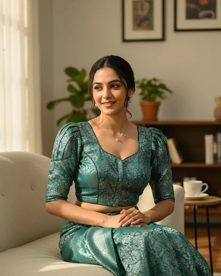 Kurti Connection USA emerald green and silver brocade blouse with puff sleeves and square neckline on a woman