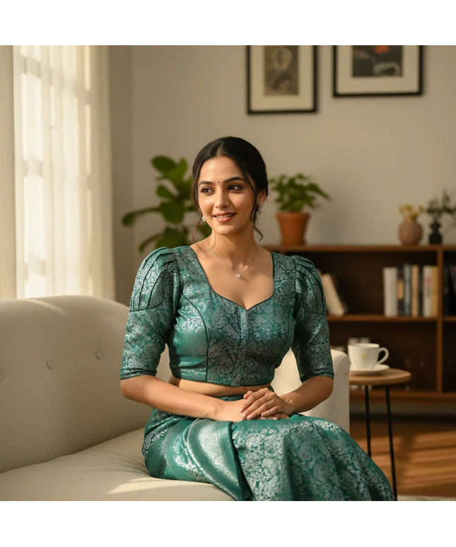 Kurti Connection USA emerald green and silver brocade blouse with puff sleeves and square neckline on a woman