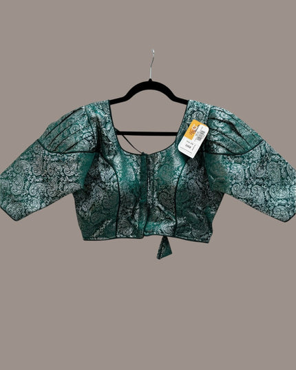 Kurti Connection USA emerald green and silver brocade blouse with square neckline and elegant puff sleeves.