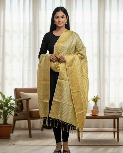 Kurti Connection USA light green dupatta with golden zari stripes and geometric patterns, featuring tassel edges.