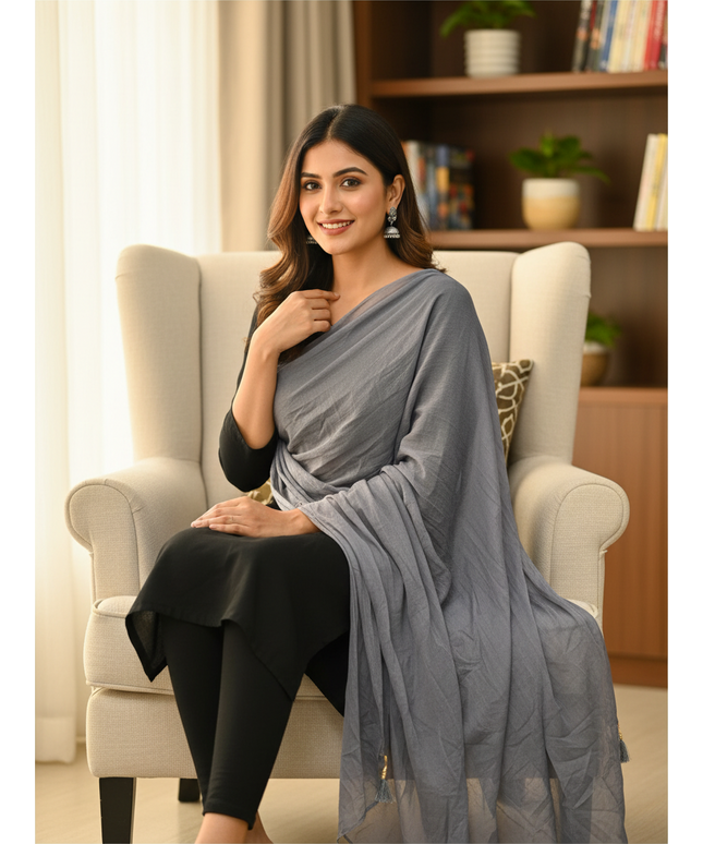 Kurti Connection USA grey chiffon dupatta draped elegantly over a woman wearing a black outfit in a cozy room