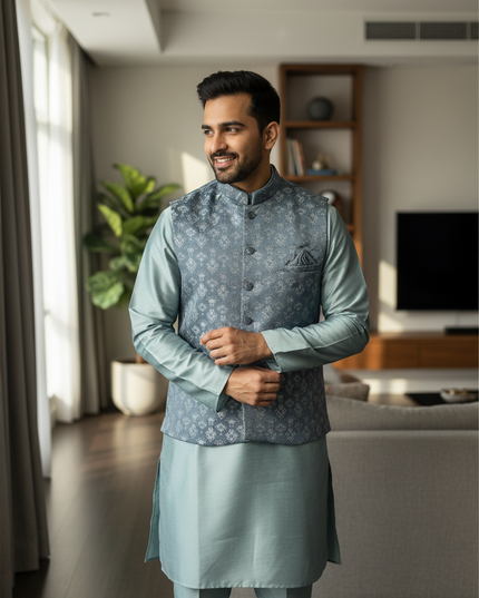 Man wearing a Kurti Connection USA grey silk kurta set with a patterned Nehru jacket in a modern living room