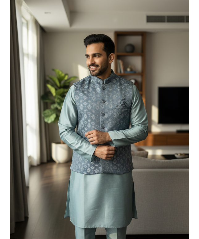 Man wearing a Kurti Connection USA grey silk kurta set with a patterned Nehru jacket in a modern living room