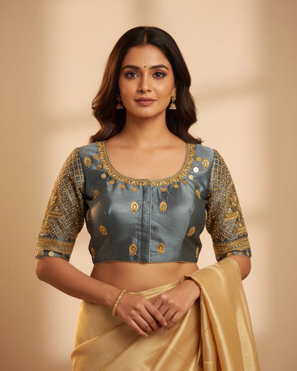 Kurti Connection USA grey silk blouse with intricate gold Maggam embroidery and traditional handcrafted details.