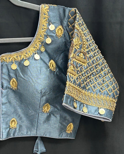 Kurti Connection USA grey silk blouse with intricate gold Maggam embroidery and coin embellishments on sleeves
