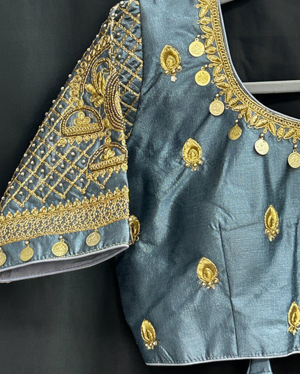 Kurti Connection USA grey silk blouse with intricate gold Maggam embroidery and coin detailing on sleeves and neckline