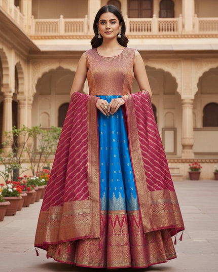 Kurti Connection USA Kanjivaram silk lehenga gown with blue skirt, copper bodice, and pink dupatta with zari border.