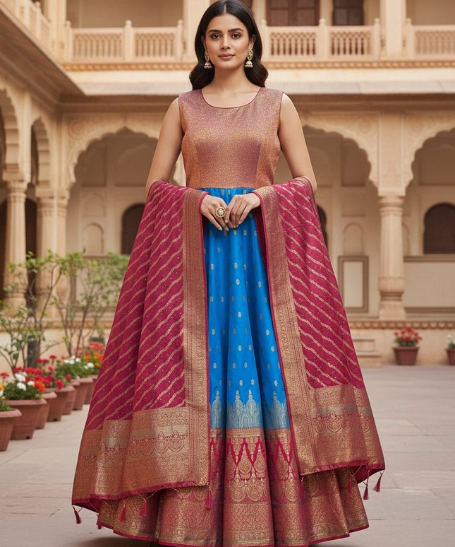 Kurti Connection USA Kanjivaram silk lehenga gown with blue skirt, copper bodice, and pink dupatta with zari border.