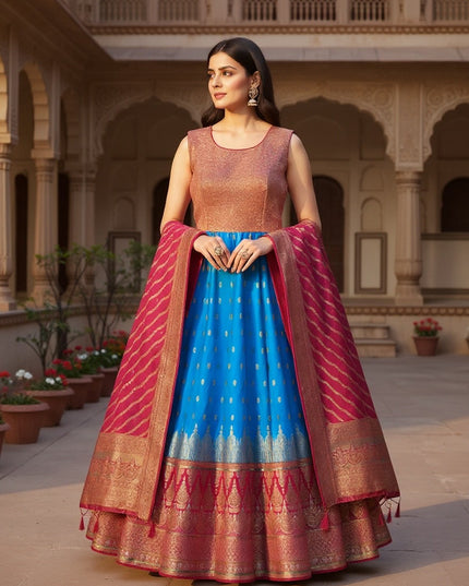 Kurti Connection USA Kanjivaram silk lehenga choli with blue skirt, copper bodice, and pink dupatta with zari border.