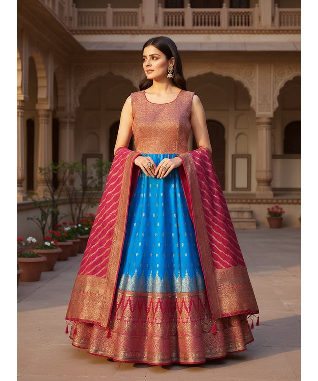 Kurti Connection USA Kanjivaram silk lehenga choli with blue skirt, copper bodice, and pink dupatta with zari border.