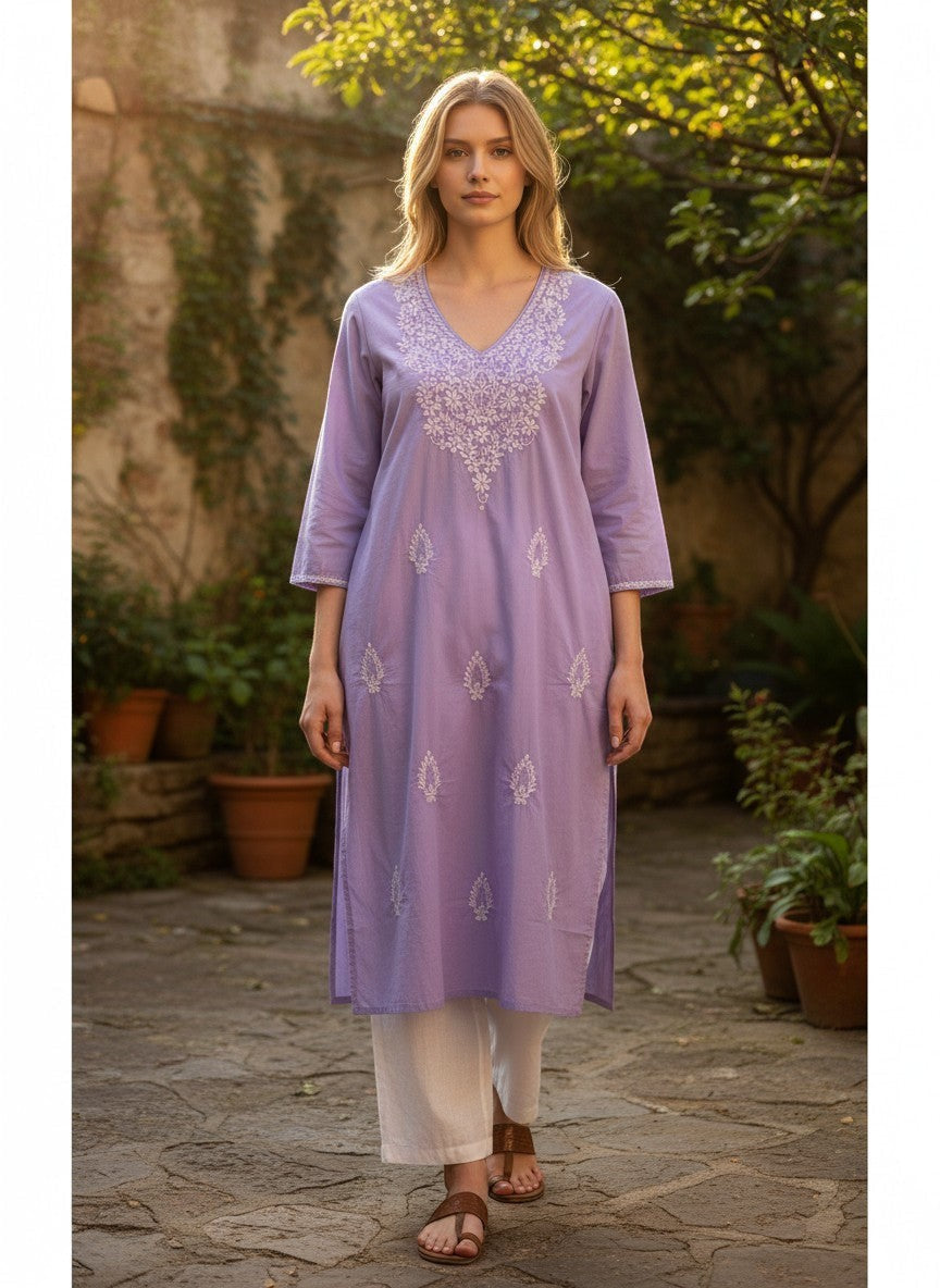 Kurti Connection USA lavender cotton tunic with white floral embroidery, V-neck, and three-quarter sleeves.
