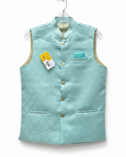Kurti Connection USA light blue jacquard Nehru jacket with mandarin collar, button front, and matching pocket square.
