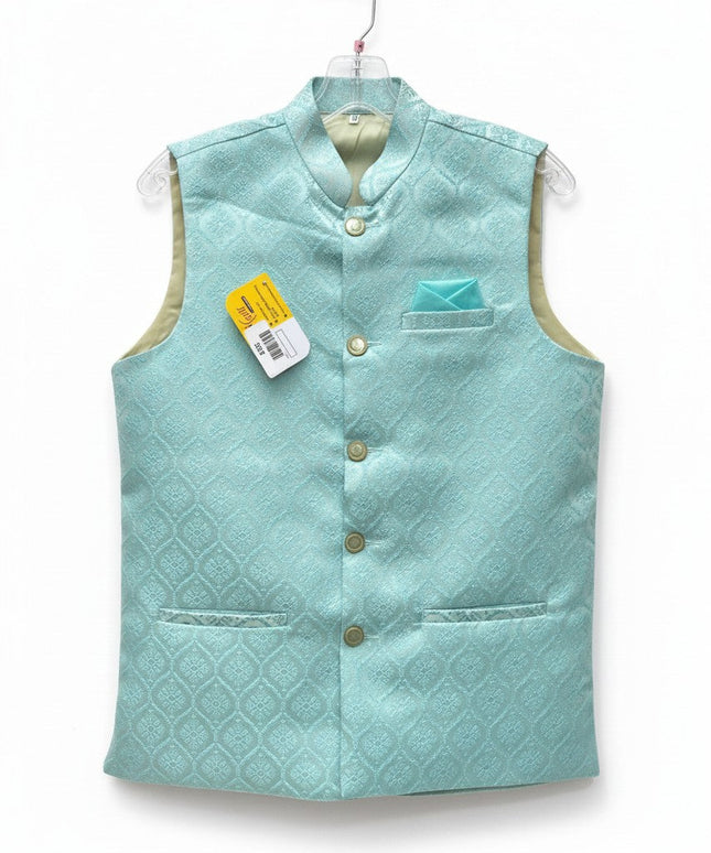 Kurti Connection USA light blue jacquard Nehru jacket with mandarin collar, button front, and matching pocket square.