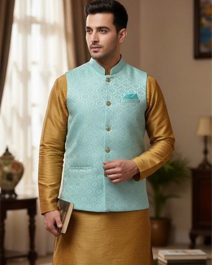 Kurti Connection USA light blue jacquard Nehru jacket with mandarin collar worn over a gold kurta for men.