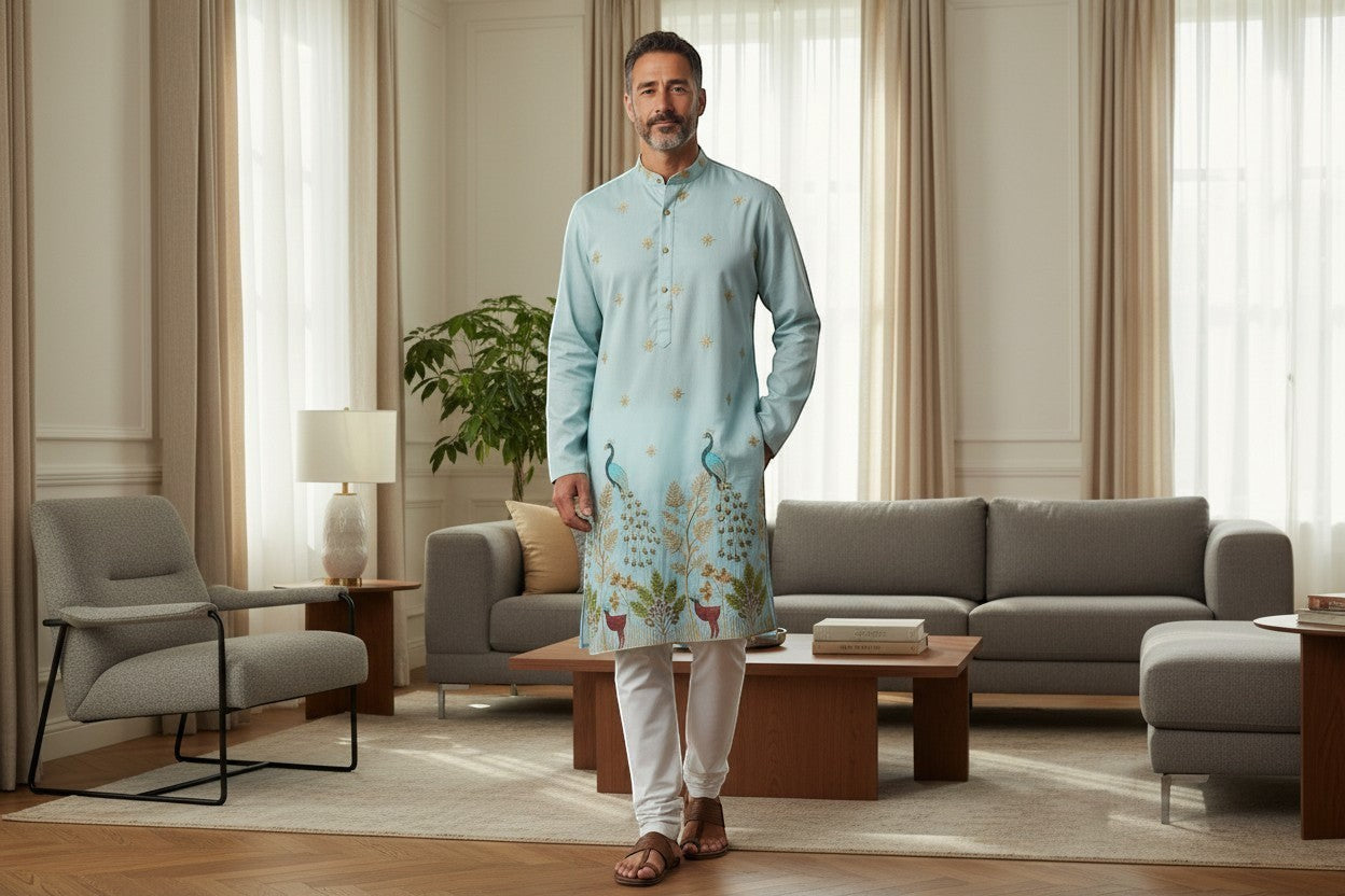 Kurti Connection USA light blue silk kurta set with intricate peacock embroidery and white pajama, worn by a man.