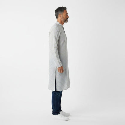 Kurti Connection USA men's light grey kurta shirt with subtle geometric pattern and mandarin collar.