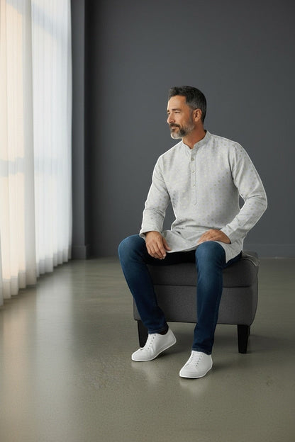 Kurti Connection USA men's light grey kurta shirt with subtle geometric pattern, mandarin collar, and button placket.