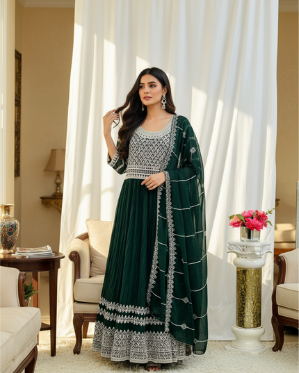 Kurti Connection USA long dark green georgette kurti with intricate silver embroidery and matching dupatta