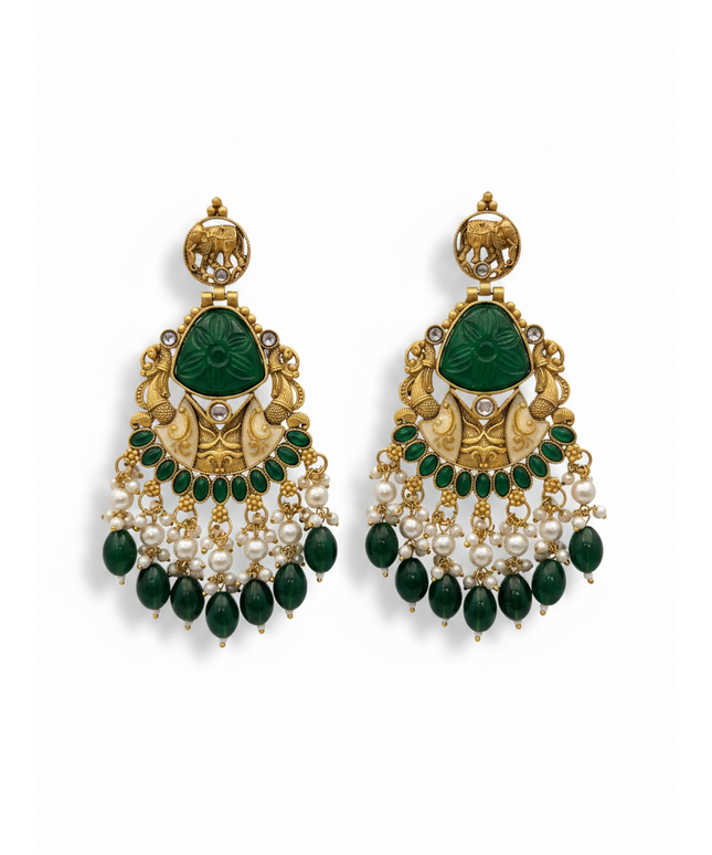 Kurti Connection USA long gold-tone jhumki earrings featuring green stones, elephant motifs, and hanging pearl beads.