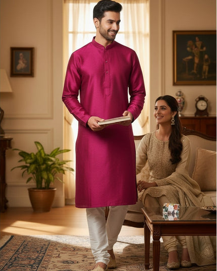 Man wearing a Kurti Connection USA magenta diamond-patterned jacquard kurta with a mandarin collar in a home setting.