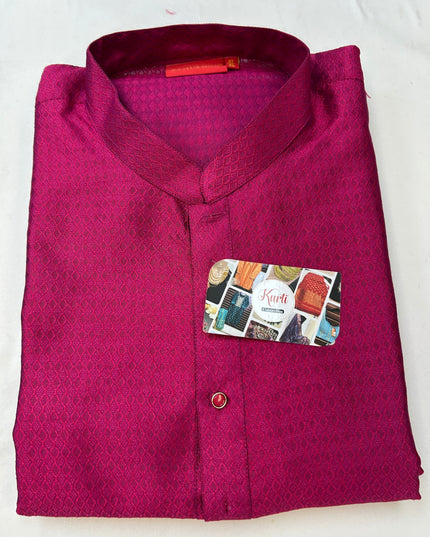 Kurti Connection USA magenta men's kurta featuring a sophisticated diamond-patterned jacquard weave and mandarin collar
