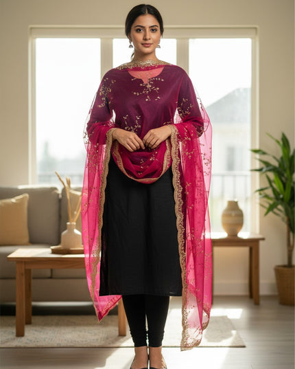 Kurti Connection USA magenta tissue silk dupatta featuring intricate gold sequin embroidery and scalloped borders