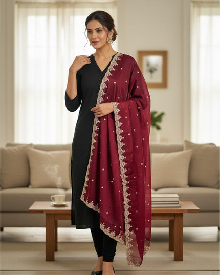 Kurti Connection USA maroon chiffon dupatta with intricate gold Jardoji embroidery draped over a black kurta set