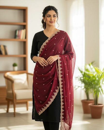 Kurti Connection USA maroon chiffon dupatta with intricate gold Jardoji embroidery draped over a black kurta set
