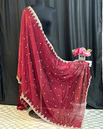 Kurti Connection USA maroon chiffon dupatta with intricate gold Jardoji embroidery borders and delicate scattered motifs.