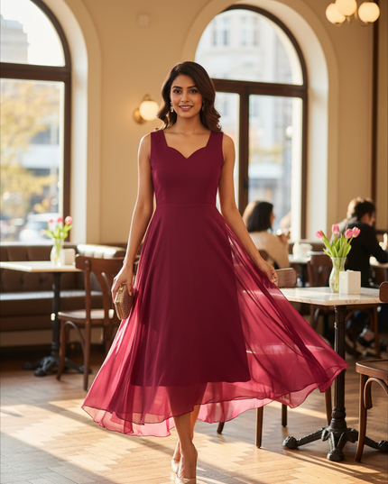 Woman wearing a sleeveless maroon chiffon long kurti dress by Kurti Connection USA in a sunlit cafe setting