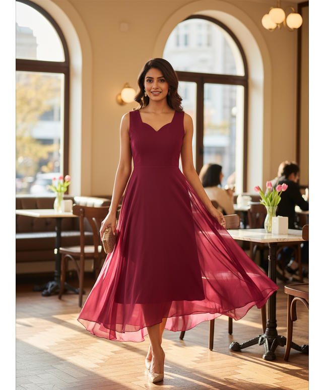 Woman wearing a sleeveless maroon chiffon long kurti dress by Kurti Connection USA in a sunlit cafe setting