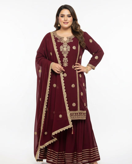 Kurti Connection USA plus size maroon kurti sharara set with gold embroidery and matching dupatta on a model