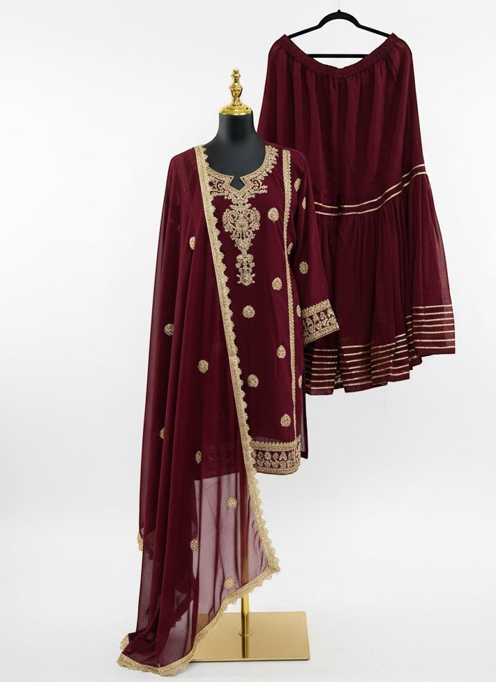 Kurti Connection USA maroon embroidered kurti sharara set with gold floral motifs and scalloped dupatta border