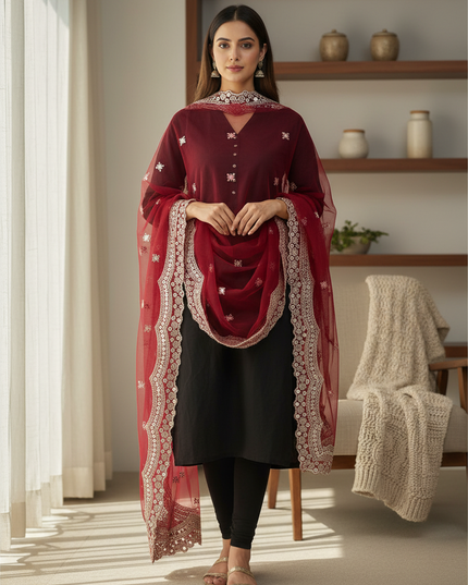 Kurti Connection USA maroon net dupatta with intricate light gold embroidery worn over a black traditional outfit